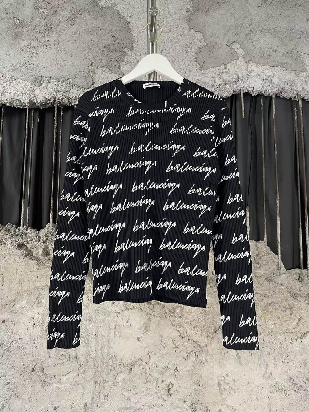 Balenciaga Black and White Script Logo Long Sleeve Top